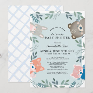 Invitation Bois Animaux Blue Boy Baby shower Drive-by