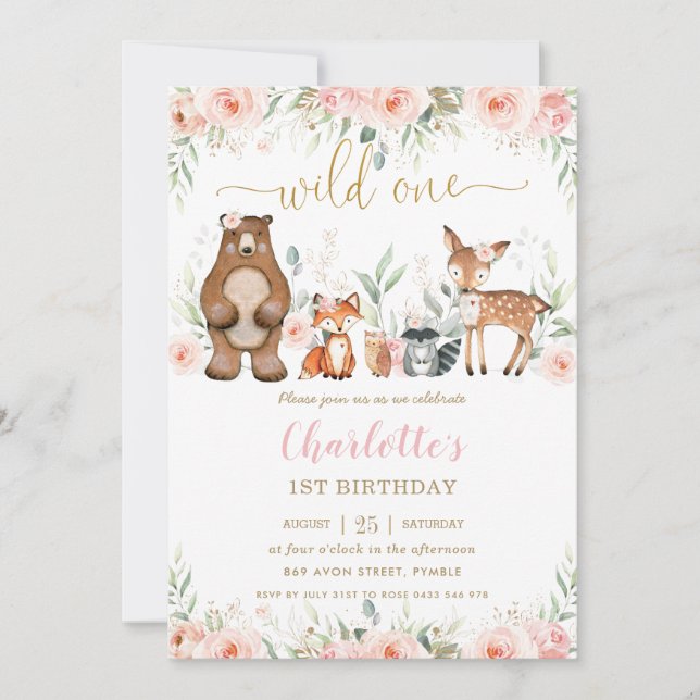 Invitation Bois Animaux Blush Floral 1er Anniversaire Un (Devant)