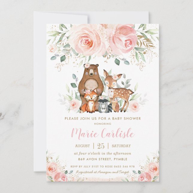 Invitation Bois Animaux Blush Floral Girl Baby shower (Devant)