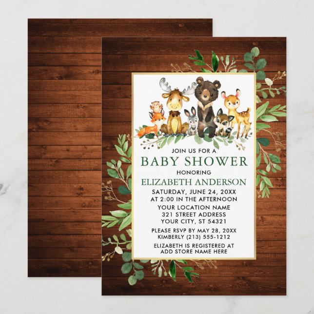 Invitation Bois Animaux Bois Baby shower vert (Devant / Derrière)