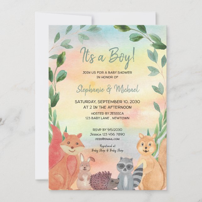 Invitation Bois Animaux C'est un garçon Baby shower en couple (Devant)