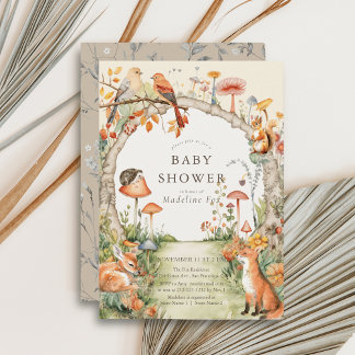 Invitation Bois Animaux Champignons Jardin Baby shower
