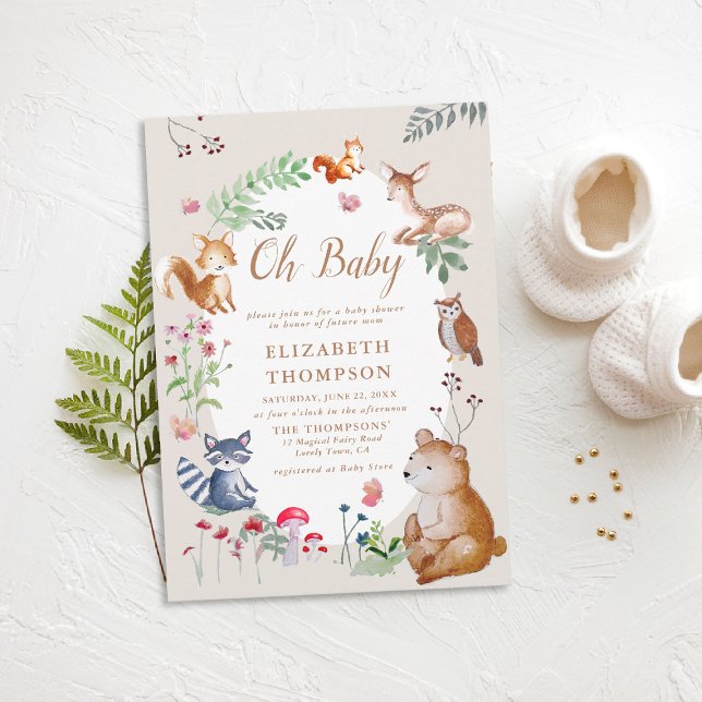 Invitation Bois Animaux Enchantés Bois Baby shower magique (woodland baby shower invitation enchanted woods forest bear fox deer wildflowers  magic)