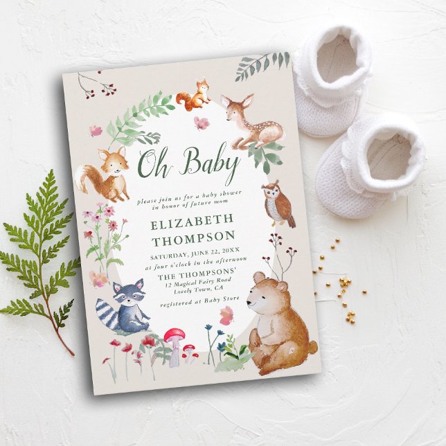 Invitation Bois Animaux Enchantés Bois Baby shower mignon (woodland baby shower invitation enchanted woods forest bear fox deer wildflowers mushrooms magic)
