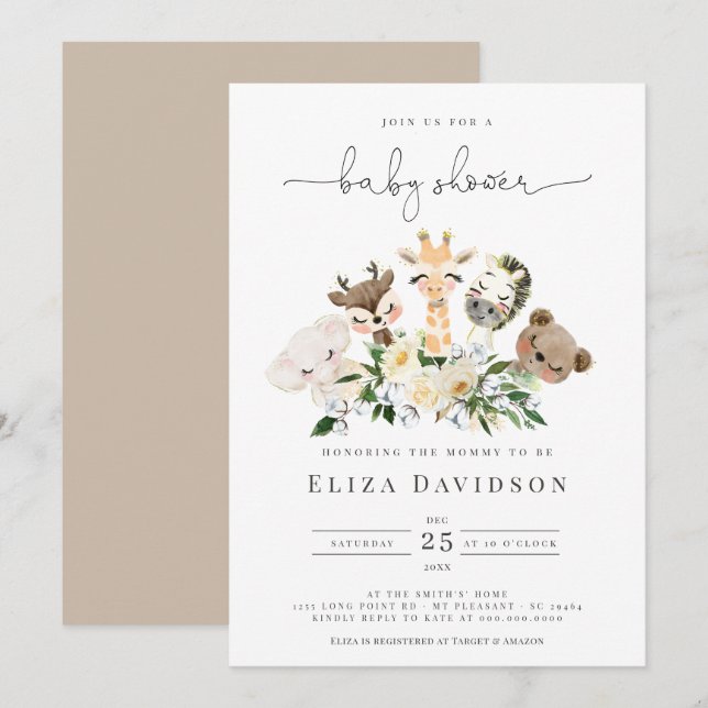 Invitation  Bois Animaux Faux Or Baby shower moderne (Devant / Derrière)