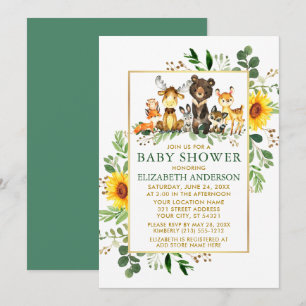 Invitation Bois Animaux Fleurs de soleil Baby shower d'or ver