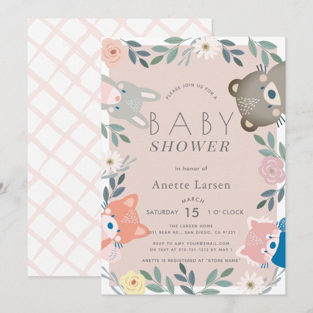 Invitation Bois Animaux Floral Rose Girl Baby shower (Devant / Derrière)