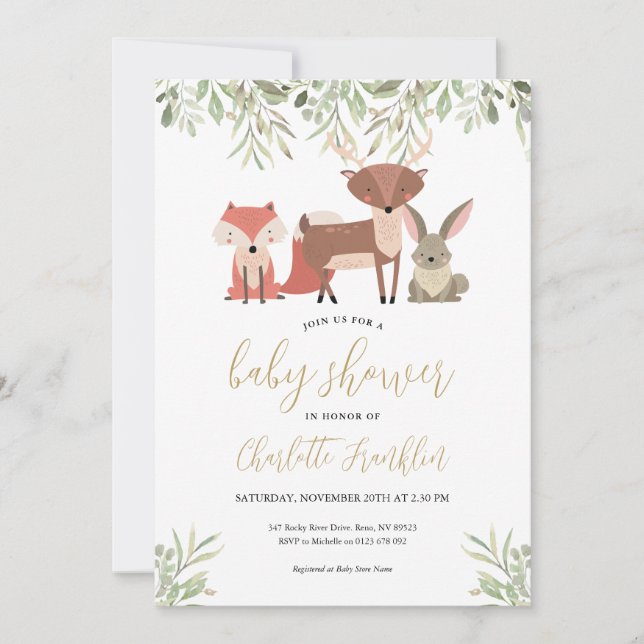 Invitation Bois Animaux Forêt Baby shower de verdure (Devant)