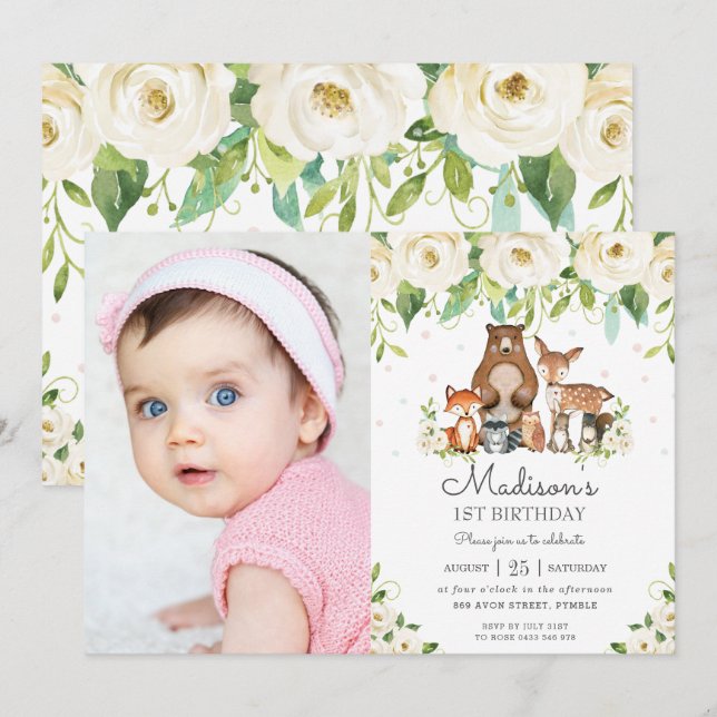 Invitation Bois Animaux Ivory Floral 1er anniversaire Photo (Devant / Derrière)