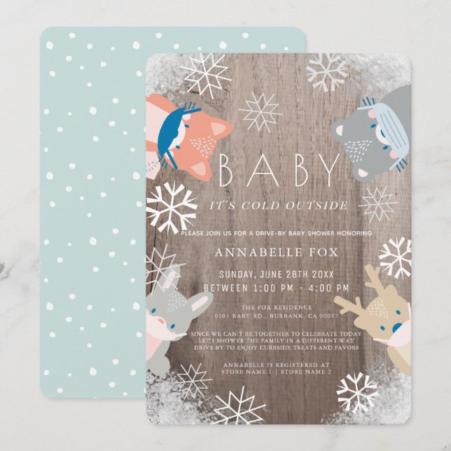 Invitation Bois Animaux Masque bleu Baby shower Drive-by (Devant / Derrière)