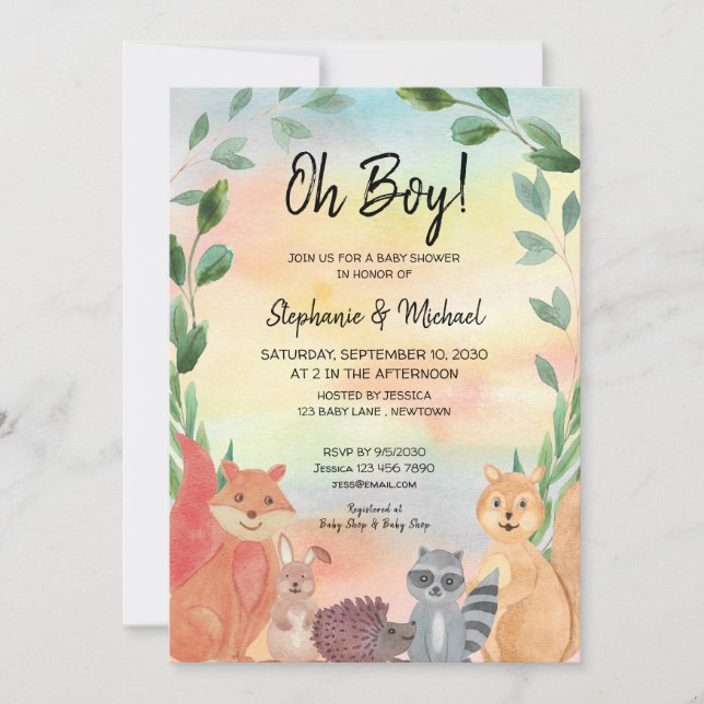 Invitation Bois Animaux Oh Boy Couples Baby shower (Devant)