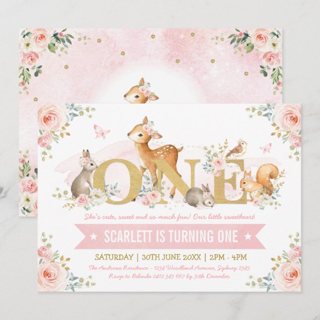 Invitation Bois Animaux Or rose Floral 1er anniversaire (Devant / Derrière)