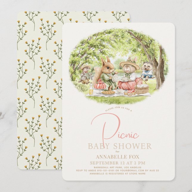 Invitation Bois Animaux Pique-nique Baby shower fille (Devant / Derrière)