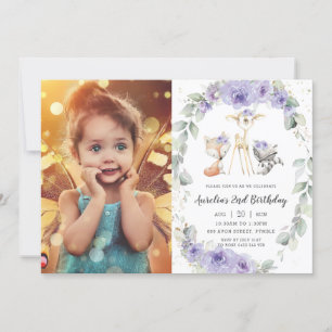 Invitation Bois Animaux Purple Floral Verdure Anniversaire