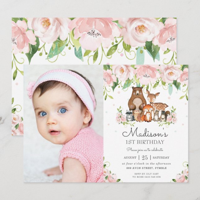 Invitation Bois Animaux Rose Floral 1er anniversaire Photo (Devant / Derrière)