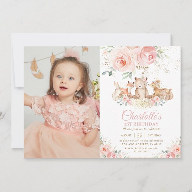 Invitation Bois Animaux Rose Floral 1er anniversaire Photo (Devant)