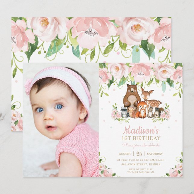 Invitation Bois Animaux Rose Floral 1er anniversaire Photo (Devant / Derrière)