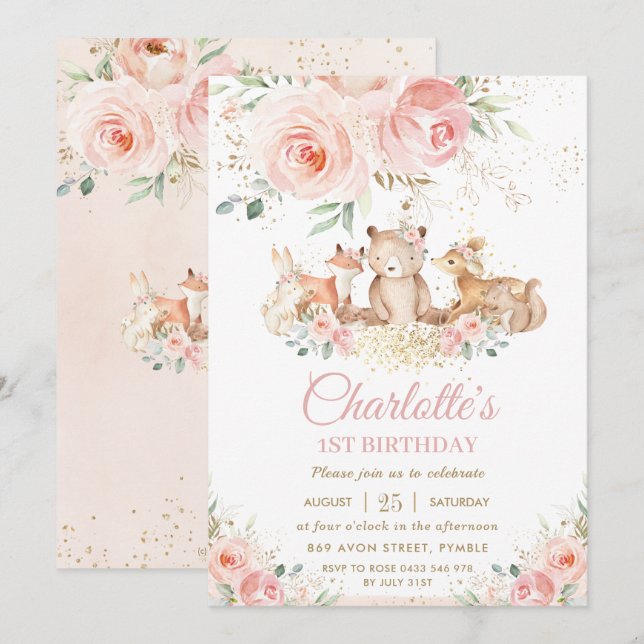 Invitation Bois Animaux Rose Floral Gold Girl Anniversaire (Devant / Derrière)