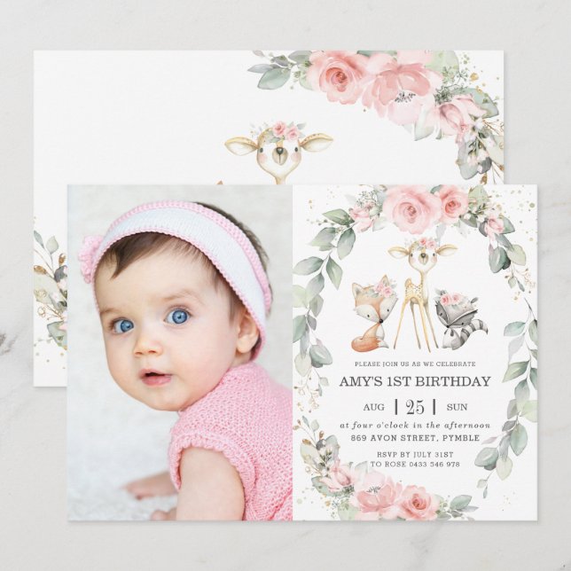 Invitation Bois Animaux Rose Floral Wreath Photo Anniversaire (Devant / Derrière)