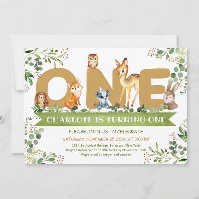 Invitation Bois animaux UN garçon de verdure anniversaire (Devant)