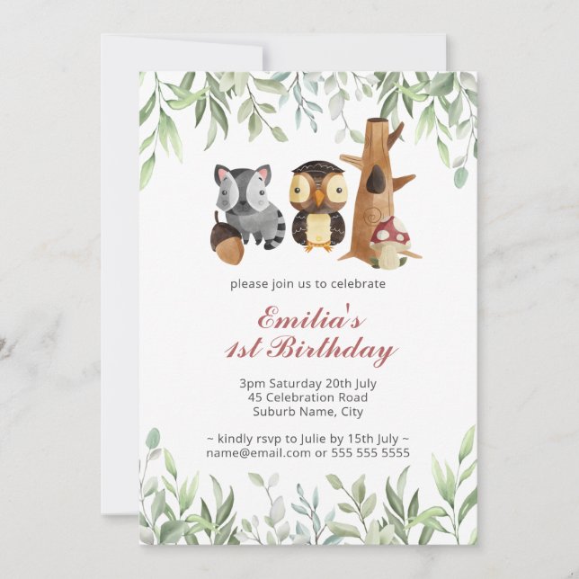 Invitation Bois Animaux Végétation 1er anniversaire  (Devant)