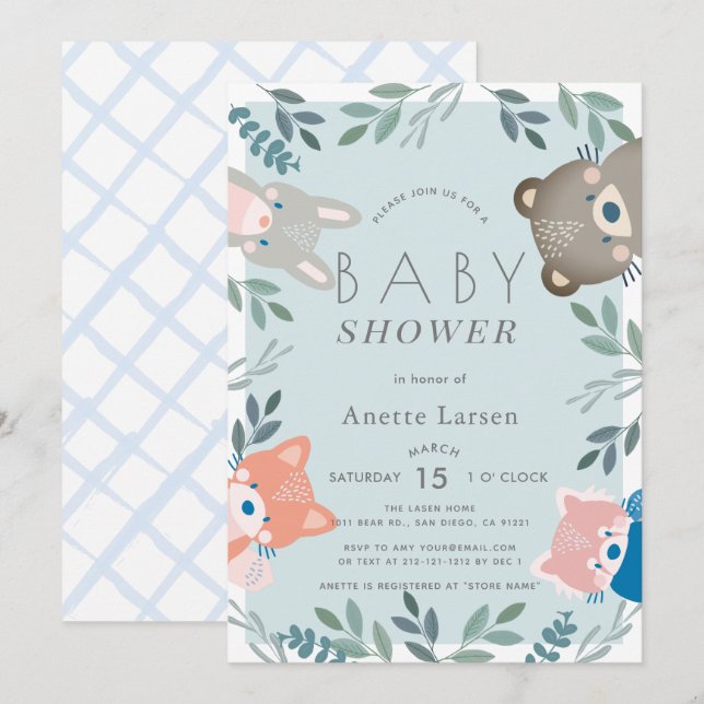Invitation Bois Animaux Végétation Bleu Baby shower garçon (Devant / Derrière)