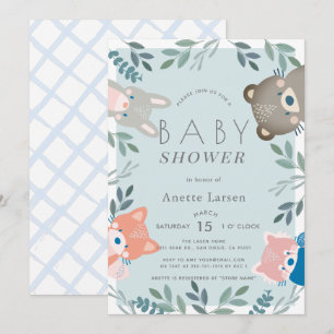 Invitation Bois Animaux Végétation Bleu Baby shower garçon