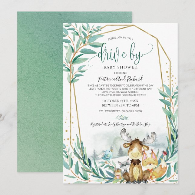Invitation Bois Animaux Végétation Conduite Par Baby shower (Devant / Derrière)