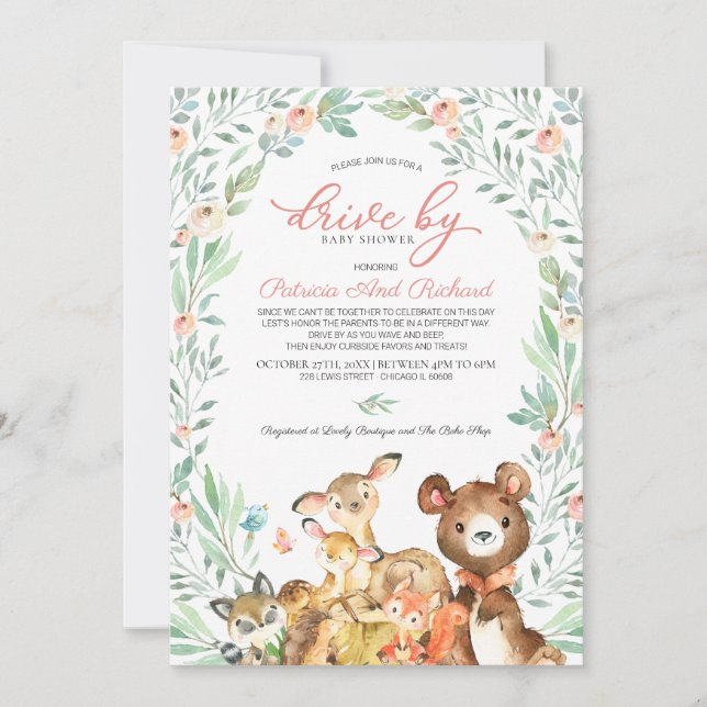 Invitation Bois Animaux Végétation Conduite Par Baby shower (Devant)