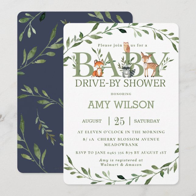 Invitation Bois Animaux Végétation Conduite Par Baby shower (Devant / Derrière)