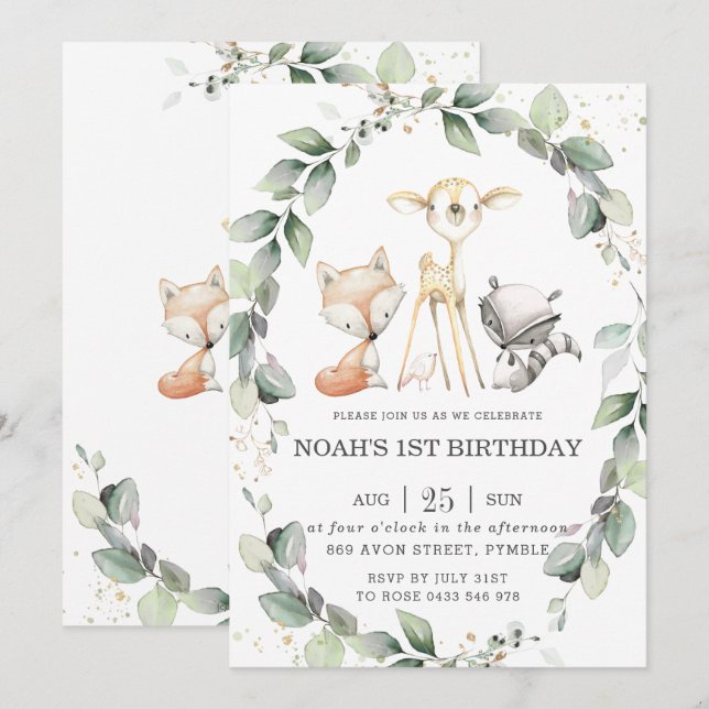 Invitation Bois Animaux Verdure rustique Jour d'anniversaire (Devant / Derrière)