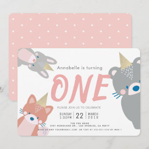 Invitation Bois Animaux White Rose Girl 1er anniversaire