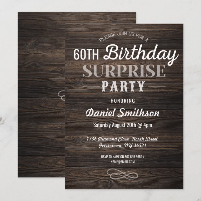 Invitation Bois Anniversaire Surprise Rustic Mens Femmes Invi (Devant / Derrière)