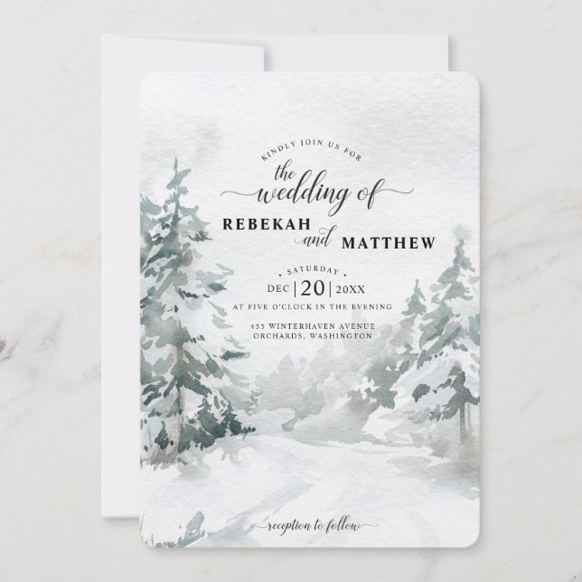 Invitation Bois | Aquarelle de la forêt d'hiver de neige Invi (Devant)