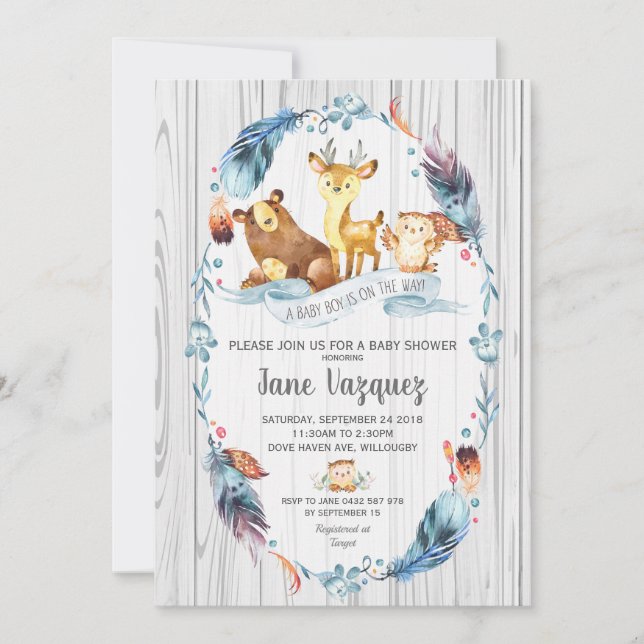 Invitation Bois Baby shower Boy Boho Forêt Animaux (Devant)