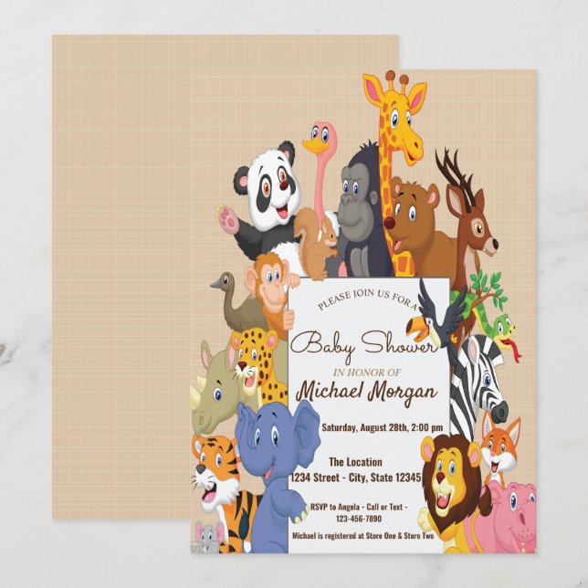 Invitation Bois, Baby shower d'animaux forestiers (Devant / Derrière)