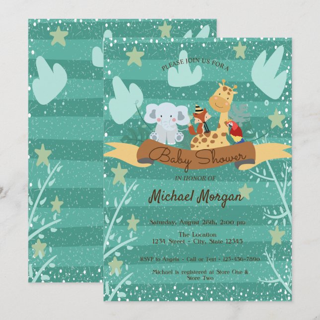 Invitation Bois, Baby shower d'animaux forestiers (Devant / Derrière)