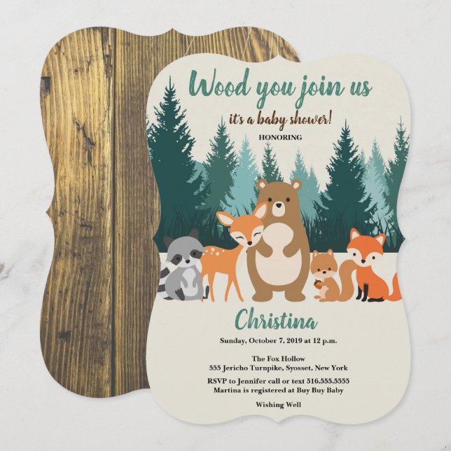 Invitation Bois Baby shower Forêt Animaux Végétation (Devant / Derrière)