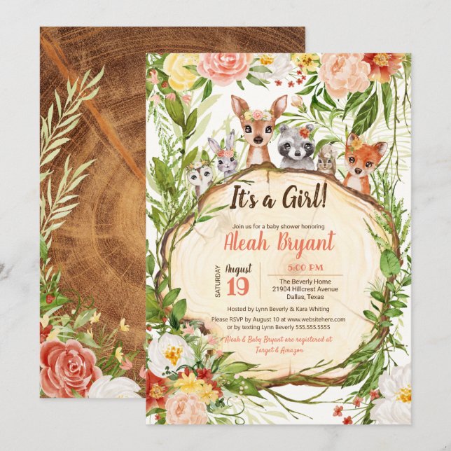 Invitation Bois Bébé Animaux Forêt Baby shower Fille (Devant / Derrière)