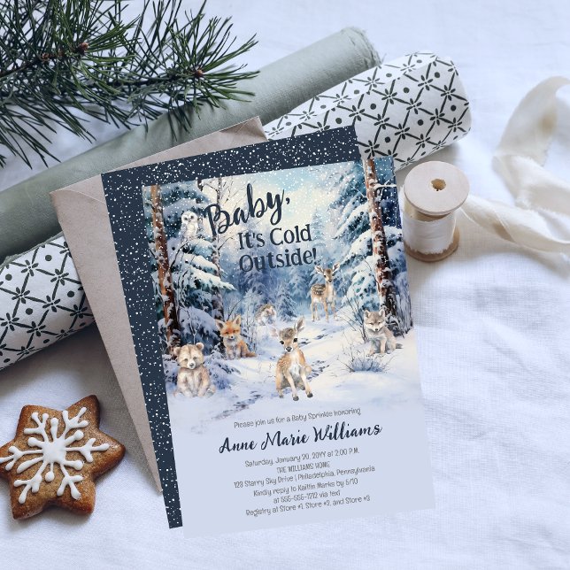 Invitation Bois Bébé Animaux Hiver Garçon Bébé Sprinké (Blue Rustic Woodland Animals Baby It's Cold Outside Boy Baby Sprinkle Invitation)