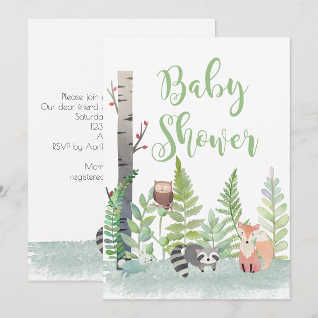 Invitation Bois Bébé Animaux Végétation Baby shower Invitatio (Devant / Derrière)