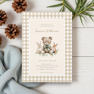 Invitation Bois beige rustique Animaux Baby shower En vichy
