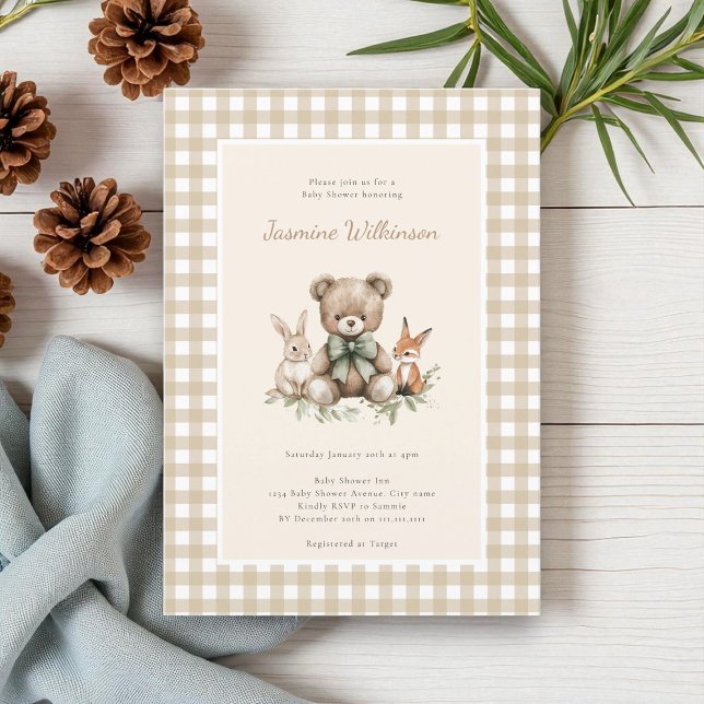 Invitation Bois beige rustique Animaux Baby shower En vichy (Créateur téléchargé)
