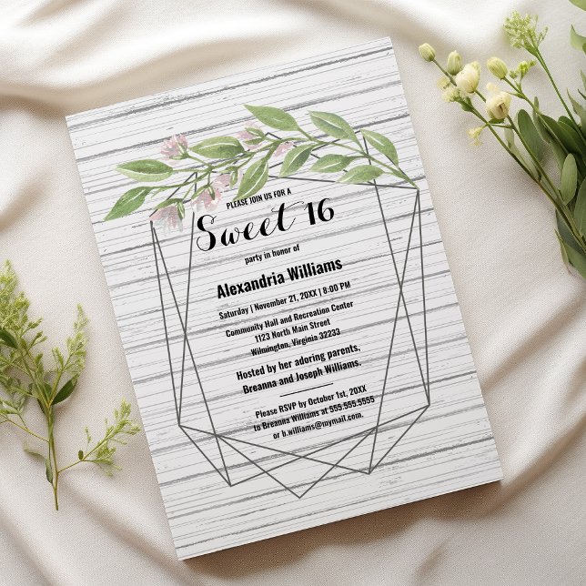 Invitation Bois blanc géométrique vert fleuri Sweet 16 (Geometric white wood green floral Sweet 16)