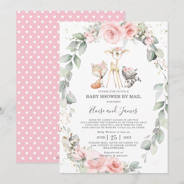 Invitation Bois Blush Floral Greenery Baby shower par Mail (Devant / Derrière)