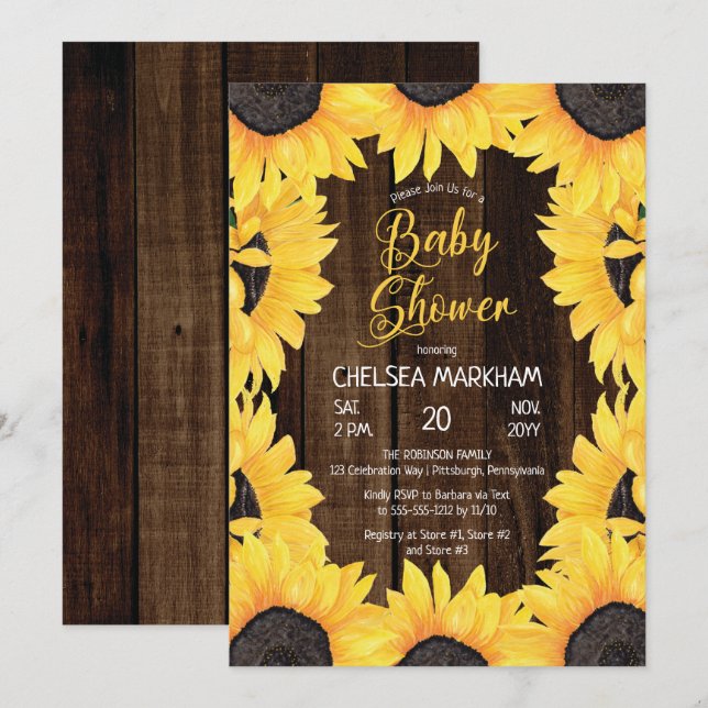 Invitation Bois boisé rustique | Baby shower fille tournesol  (Devant / Derrière)