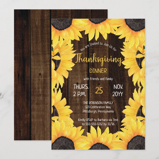 Invitation Bois boisé rustique |Soirée Thankesgiving Sunflowe (Devant / Derrière)