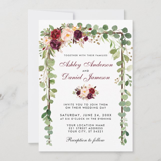 Invitation Bois botanique Bourgogne Mariage floral B (Devant)