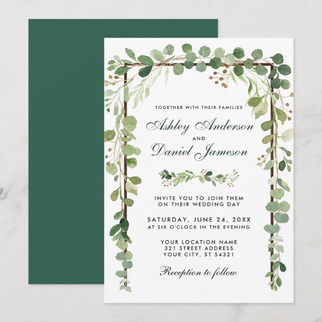 Invitation Bois botanique mariage Eucalyptus vert (Devant / Derrière)