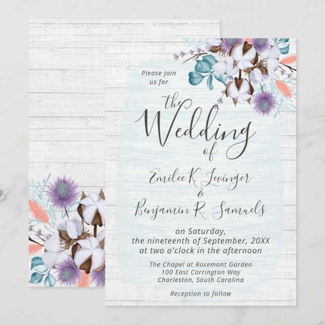 Invitation Bois botanique rustique de coton du pays du Sud (Devant / Derrière)